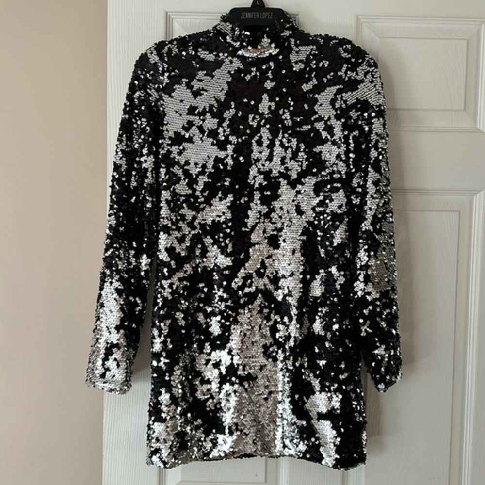 Six Crisp Days Black and Silver Long Sleeve Sequined Mock Neck Dress